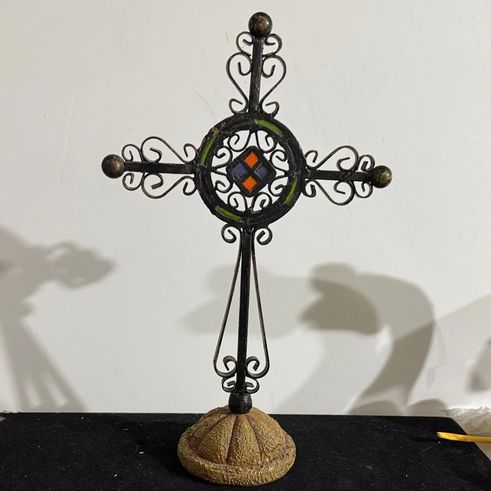 Vintage Rustic free-standing black metal cross with acrylic amber and green